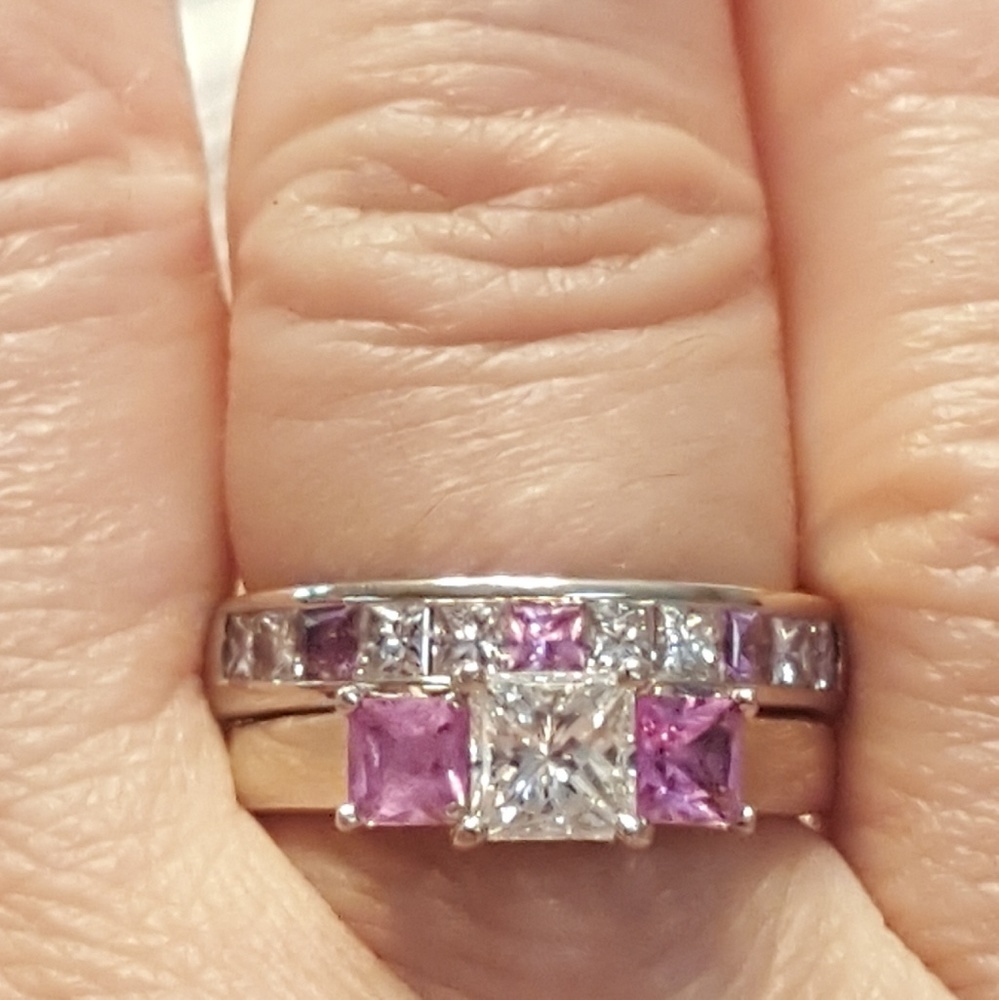 Genuine .77ct VS1 Center Princess Cut Diamond & Pink Sapphire 14k Rings